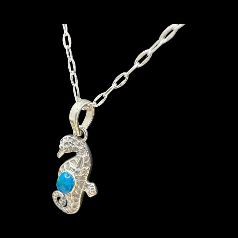 Natural Blue Chilean Opal Seahorse Pendant Necklace 925 Sterling Silver Handmade - Picture 5 of 7